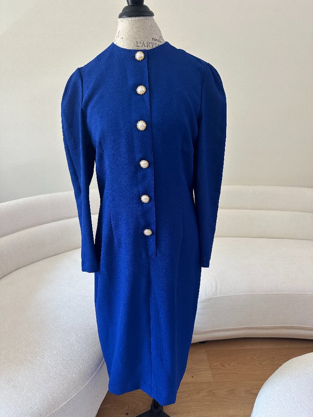 Vintage 80s Karin Stevens Royal Blue Pearl Button Dress Sz 10